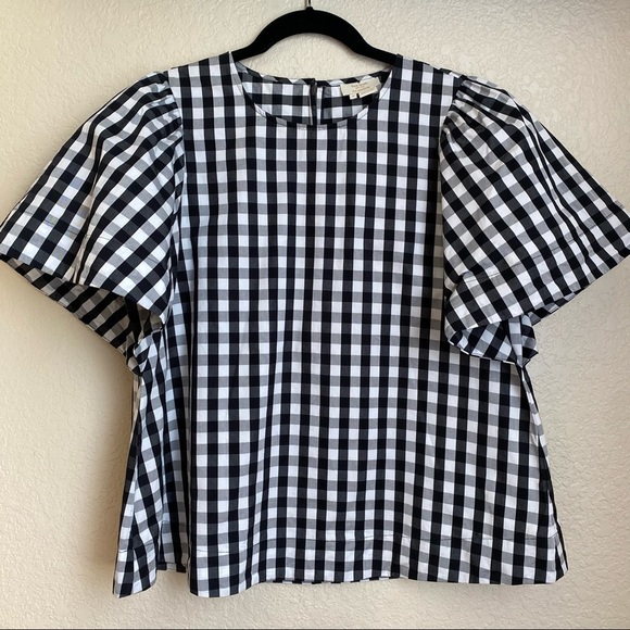 Kate Spade gingham black white checked flutter-sleeve blouse trapeze top Medium - Picture 2 of 7